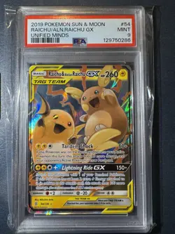 PSA 9 RAICHU & ALOLAN RAICHU GX 54 UNIFIED MINDS SUN & MOON TAG TEAM POKEMON - Image 1