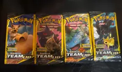 Pokemon Sun and Moon Team Up 3 Card Mini Booster Packs Complete Art Set Lot of 4 - Image 1