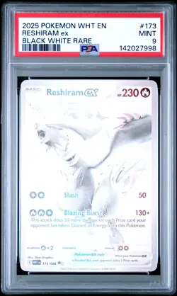 142027998 Reshiram ex 2025 Pokemon White Flare #173/086 Black and Rare PSA 9 - Image 1