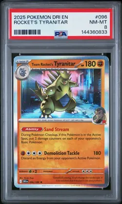 2025 Pokemon Destined Rivals #096 Team Rocket's Tyranitar PSA 8 Mint Holo Rare - Image 1