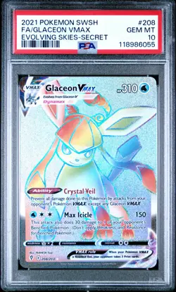 Glaceon VMAX PSA 10 English Pokemon Card 208/203 Evolving Skies 2021 Rainbow - Image 1