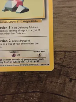 Pokemon TCG Porygon Base Set 39/102 Uncommon Regular 30 HP English 1999 - Image 2