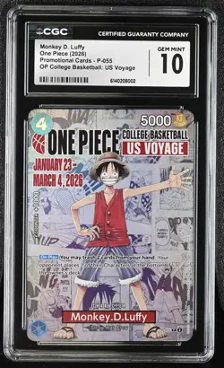 GEM MINT 10 CGC One Piece Card Monkey.D.Luffy P-055 College Basketball Voyage 02 - Image 1