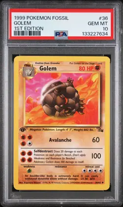 1999 POKEMON FOSSIL 1ST ED #36 GOLEM PSA 10 - Image 1