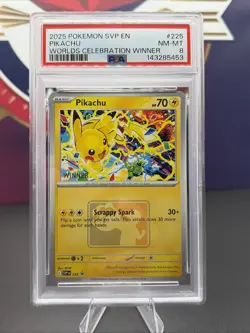 2025 Pokemon #225 Pikachu Worlds Celebration Winner PSA 8 - Image 1