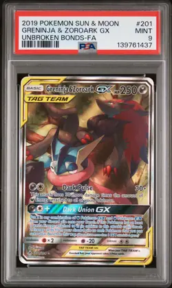 2019 POKEMON SUN & MOON UNBROKEN BONDS #201 FULL ART/GRENINJA & ZOROARK GX PSA 9 - Image 1