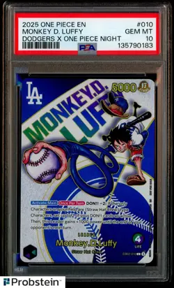 2025 One Piece EN Dodgers X One Piece Night #010 Monkey D. Luffy PSA 10 GEM MINT - Image 1