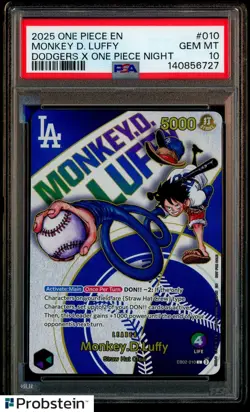 2025 ONE PIECE PROMOS DODGERS X ONE PIECE NIGHT #010 MONKEY D. LUFFY PSA 10 - Image 1
