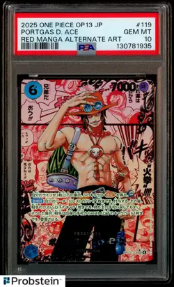 2025 One Piece OP13 JP Red Manga Alternate Art #119 Portgas D. Ace PSA 10 - Image 1