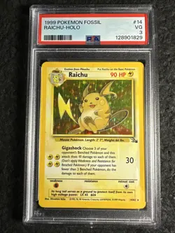 1999 Pokemon Fossil Raichu Holo Rare #14/62 PSA 3 - Image 1