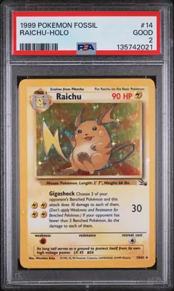 1999 POKEMON FOSSIL #14 RAICHU-HOLO PSA 2 - Image 1