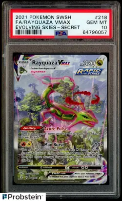 2021 Pokemon SWSH Evolving Skies Secret #218 FA Rayquaza VMAX PSA 10 - Image 1