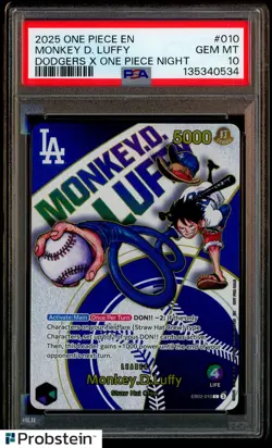 2025 One Piece EN Dodgers X One Piece Night #010 Monkey D. Luffy PSA 10 GEM MINT - Image 1