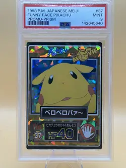 1998 Pokemon Japanese Meiji Funny Face Pikachu Promo Prism #37 PSA 9 - Image 1