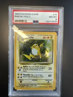 1999 POKEMON BASE SET UNLIMITED #14 RAICHU-HOLO PSA 8 - Image 1