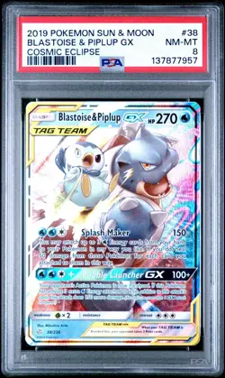 2019 POKEMON SUN & MOON COSMIC ECLIPSE #38 BLASTOISE & PIPLUP GX PSA 8 - Image 1