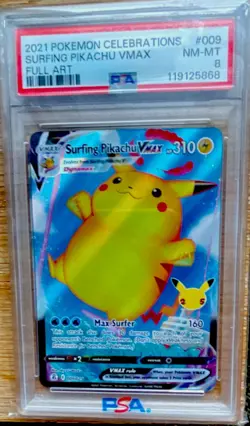 Pokemon Surfing Pikachu VMAX Celebrations Full Art Holo Ultra Rare 009/025 PSA 8 - Image 1