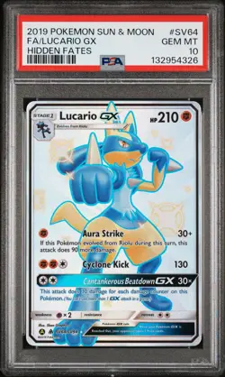 2019 POKEMON SUN & MOON HIDDEN FATES #SV64 FULL ART/LUCARIO GX PSA 10 - Image 1