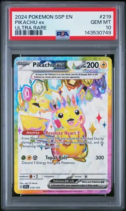 2024 POKEMON SSP EN-SURGING SPARKS ULTRA RARE #219 PIKACHU EX PSA 10 - Image 1