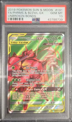 2019 POKEMON SUN & MOON UNBROKEN BONDS #191 PHERMSA/BUZZWOLE GX PSA 10 - Image 1