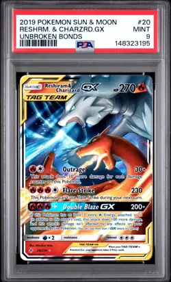 PSA 9 RESHIRAM & CHARIZARD GX 20/214 UNBROKEN BONDS POKEMON 🔥 - Image 1