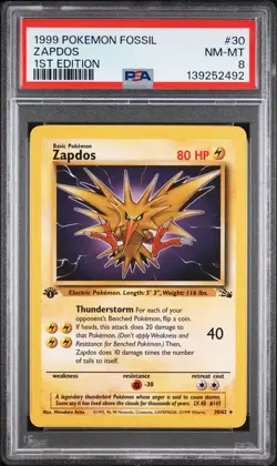 1999 POKEMON FOSSIL 1ST EDITION #30 ZAPDOS PSA 8 - Image 1