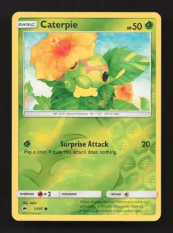 Caterpie 1/147 Common Burning Shadows Pokemon Reverse Holo Near Mint - Image 1