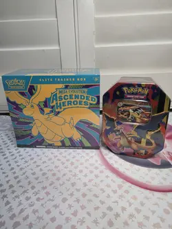 Pokemon Ascended Heroes ETB Sealed (Corner Tears) + Mega Charizard Y Tin New - Image 1