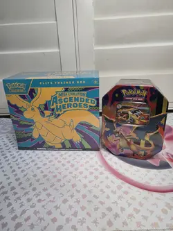 Pokemon Ascended Heroes ETB Sealed (Corner Tears) + Mega Charizard Y Tin New - Image 2