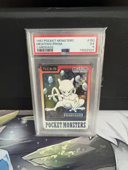 1997 POCKET MONSTERS CARDDASS #150 MEWTWO-PRISM VENDING PSA 5 - Image 1
