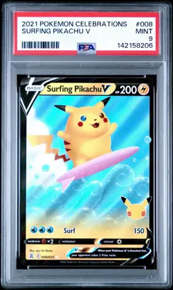 2021 Pokemon Celebrations #008 Surfing Pikachu V PSA 9 Card MINT - Image 3