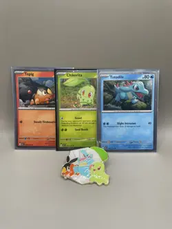 Pokemon TCG Ascended Heroes Promos Totodile, Tepig, Chikorita + Pin Badge. - Image 1