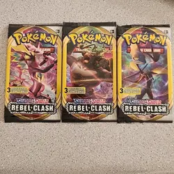 Lot of 3 Pokemon Sword & Shield REBEL CLASH 3 Card Booster Packs Dollar Sealed - Image 1