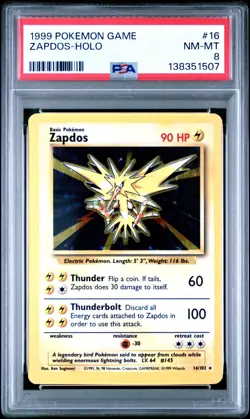1999 POKEMON BASE SET UNLIMITED #16 ZAPDOS-HOLO PSA 8 - Image 1