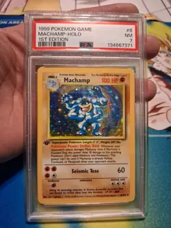 1999 Pokemon Base Set Machamp Holo Rare 008/102 1st Edition PSA 7 Near Mint - Image 1