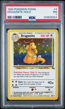 1999 POKEMON FOSSIL #4 DRAGONITE-HOLO PSA 7 - Image 1