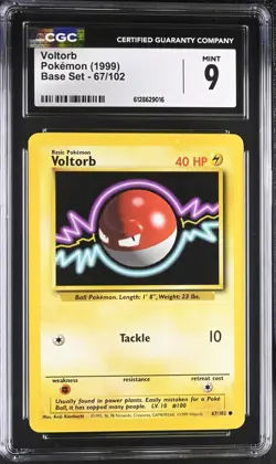 1999 Pokemon Card Voltorb (Voltorbe) 67/102 Base Set Unlimited CGC 9 MINT - Image 1