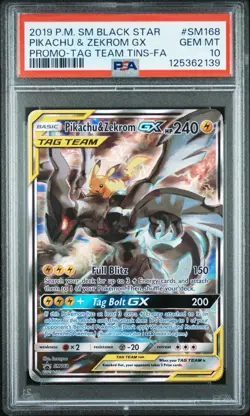 2019 POKEMON SM TAG TEAM TINS #SM168 FULL ART/PIKACHU & ZEKROM GX PSA 10 - Image 1