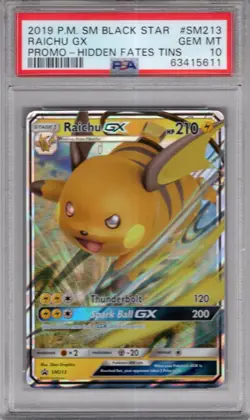 Pokemon Sun & Moon Hidden Fates Tin Black Star Promo Foil SM213 Raichu GX PSA 10 - Image 1