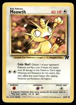 Pokemon Cards Meowth 62/82 Unlimited WOTC Team Rocket Common NM - Image 1
