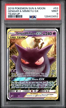 2019 POKEMON SUN & MOON TEAM UP #53 GENGAR & MIMIKYU GX PSA 9 - Image 1