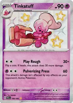 Tinkatuff 166/091 SV: Paldean Fates Shiny Rare Holo NM Pokemon Card - Image 1