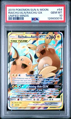 2019 POKEMON SUN & MOON UNIFIED MINDS #54 RAICHU & ALOLAN RAICHU GX PSA 10 - Image 1