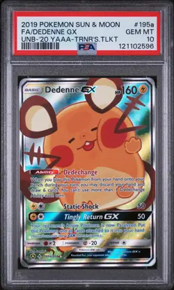 2019 POKEMON SUN & MOON UNBROKEN BONDS #195A FULL ART/DEDENNE GX PSA 10 - Image 1