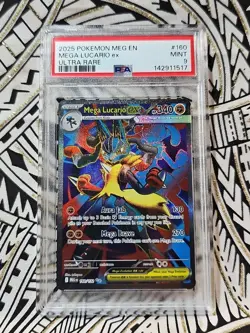 2025 Pokemon Mega Evolution Lucario ex Ultra Rare #160/132 PSA 9 Mint (517) - Image 1