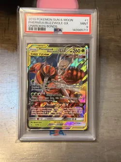 2019 POKEMON SUN & MOON UNBROKEN BONDS ENGLISH #1 PHEROMOSA & BUZZWOLE GX PSA 9 - Image 1