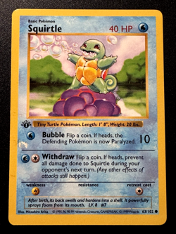 1st Edition Shadowless Squirtle 63/102 Base Set Pokemon Card Rare MP - Image 1