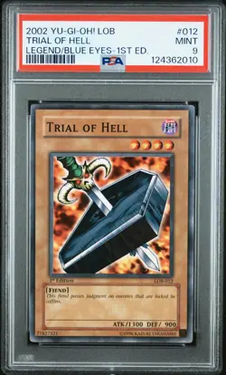2002 YU-GI-OH! LOB-LEGEND OF BLUE EYES WHITE DRAGON 1ST ED TRIAL OF HELL PSA 9 - Image 1
