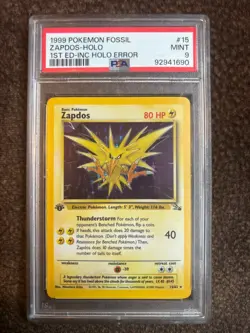 Pokemon TCG Zapdos Fossil 1st Edition Holo Error 15/62 English PSA 9 - Image 1