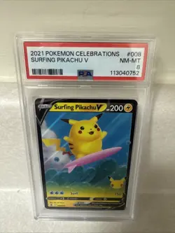 2021 Pokemon Surfing Pikachu V 008/025 Celebrations PSA 8 NM-MT - Image 1